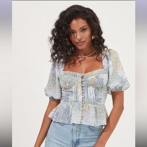 Astr Floral Puff Sleeve Blouse - Blue and Yellow